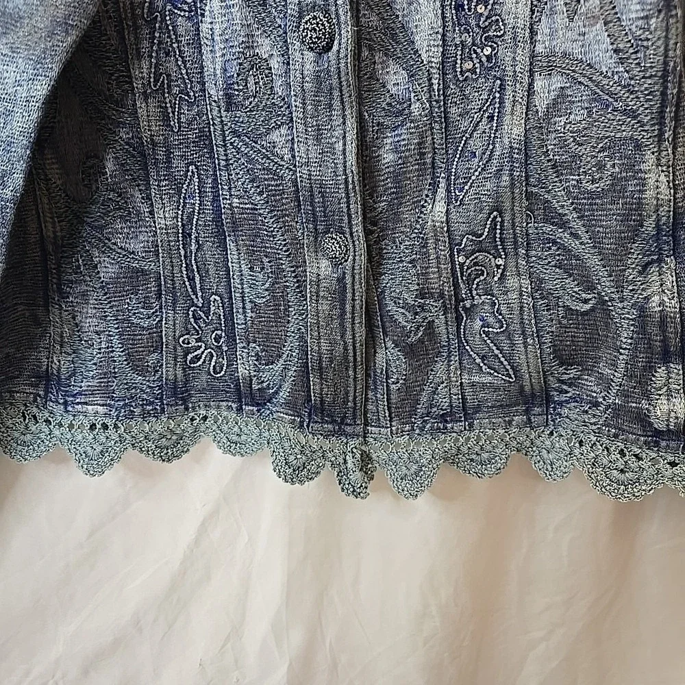 Vintage Flashback Jacket Metallic Blue Floral Detail Lace Embroidered Sequins XL